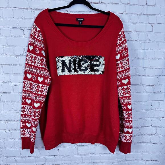 Torrid Red 'Nice' Sequin Sweater Size 3 Cozy‎ Holiday Chic - Picture 1 of 5